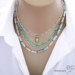 collier choker ras de cou femme bijou créateur en pierre amazonite fait main