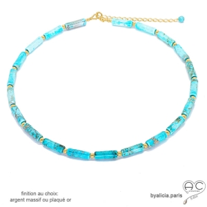 Collier jaspe impérial tube, pierre semi-précieuse, plaqué or ou argent, fait main, création by Alicia