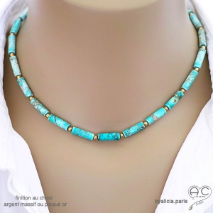 collier en jaspe impérial bleue, plaqué or ou argent massif, ras de cou bleu en pierre semi-précieuse