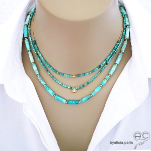 bijoux créateur en pierres naturelles jaspe et turquoise ras du cou collier choker pour femme fait main en France