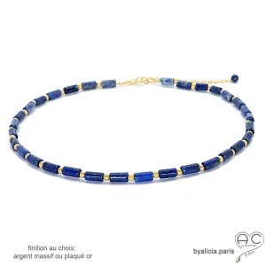 collier ras de cou choker bleu en lapis-lazuli plaqué or ou argent réalisé à la main en France
