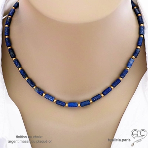 ras de cou bleu femme en lapis-lazuli tube, pierre semi-précieuse et plaqué or ou argent, fait main