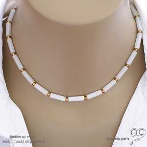 Collier ras de cou blanc femme en jade, pierre semi-précieuse, fait main, création by Alicia