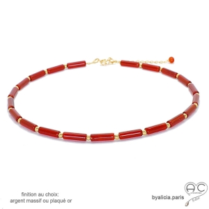 Collier orange en cornaline tube, pierre semi-précieuse, fait main, création by Alicia
