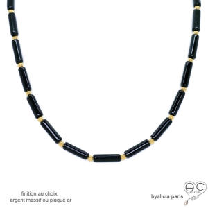 collier noir en onux noire et plaqué or ou argent ras du cou femme fait main