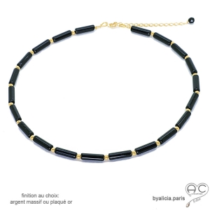 ras de cou noir femme en agate noire et plaqué or ou argent réalisé sur mesure à la main
