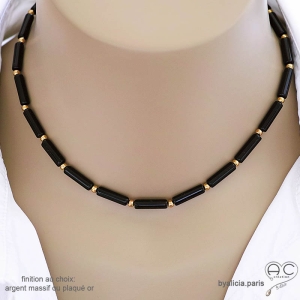 Collier ras de cou femme en onyx noire, pierre semi-précieuse, fait main, création by Alicia