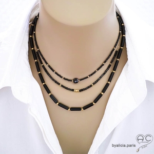 collier ras du cou choker créateur en pierre naturelle noire agate onyx fabriqué à la main