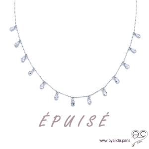 Collier avec pampilles petites gouttes en zirconiums brillantes, argent 925 rhodié, ras de cou, femme