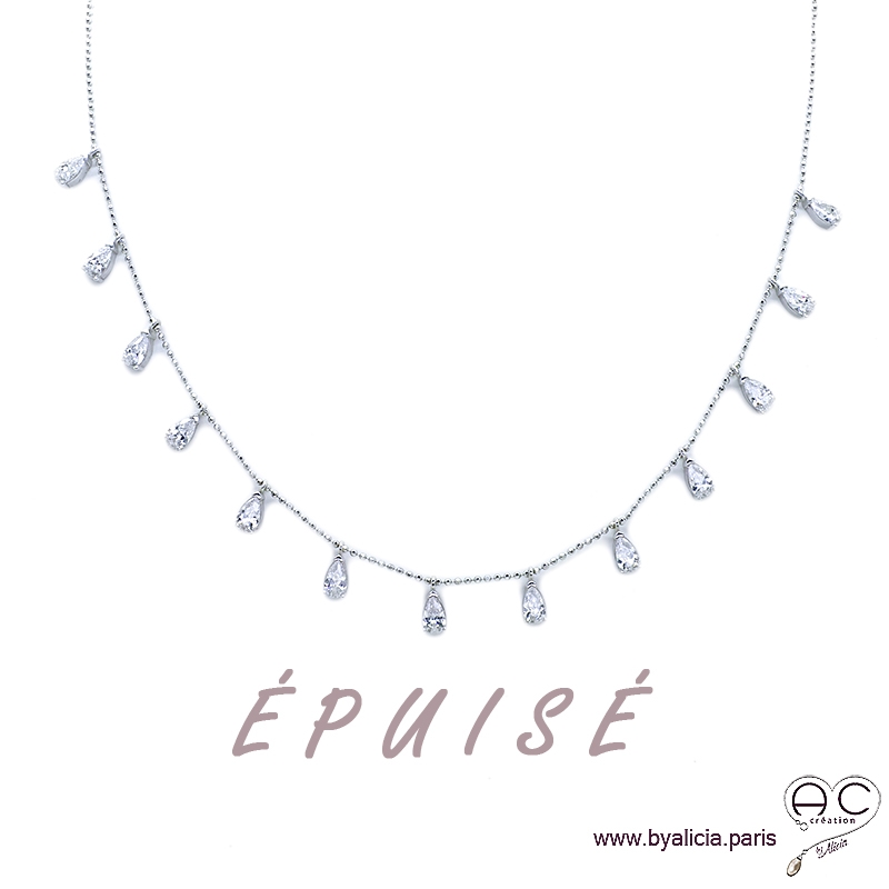 Collier avec pampilles petites gouttes en zirconiums brillantes, argent 925 rhodié, ras de cou, femme Collier avec pampilles petites gouttes en zirconiums brillantes, argent 925 rhodié, ras de cou, femme