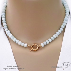 Collier en aigue-marine avec grand fermoir en plaqué or ou en argent, ras de cou bleu ciel femme, création by Alicia