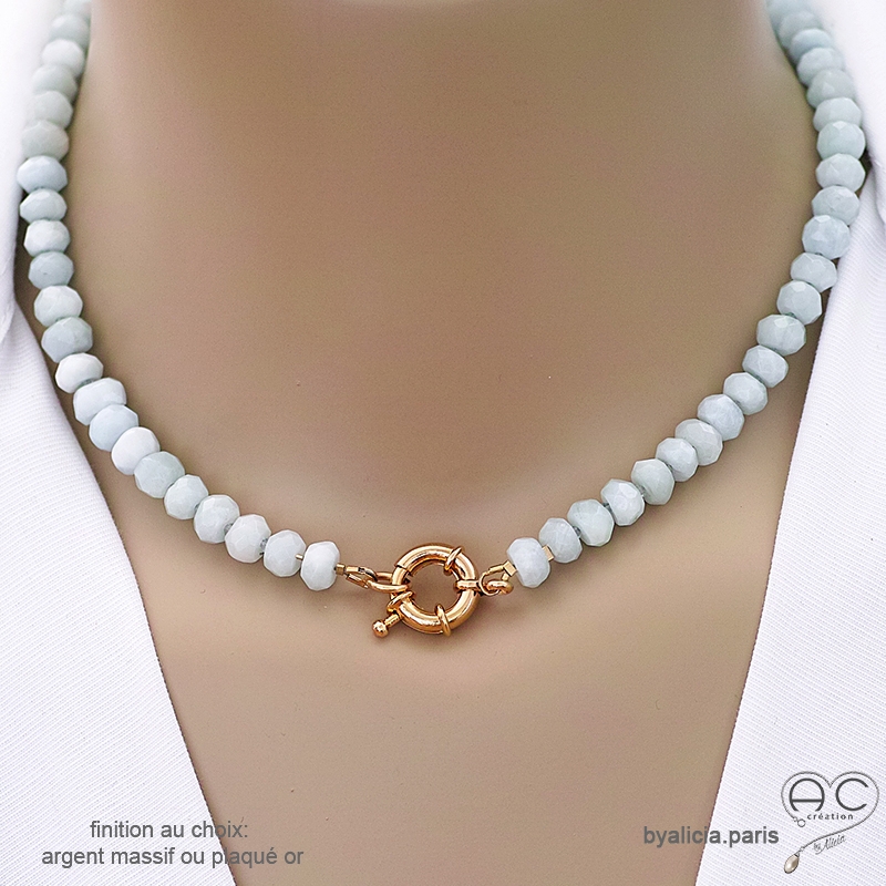 Collier en aigue-marine avec grand fermoir en plaqué or ou en argent, ras de cou bleu ciel femme, création by Alicia Collier en aigue-marine avec grand fermoir en plaqué or ou en argent, ras de cou bleu ciel femme, création by Alicia