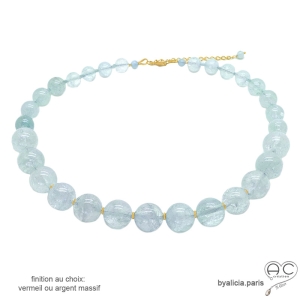 ras de cou femme aigue-marine vermeil ou argent massif collier pierre semi-précieuse bleue fait man sur-mesure en France