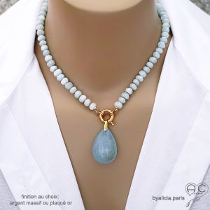 collier en pierre semi-précieuse bleue claire aigue-marine avec grand fermoir bouée plaqué or ou argent fait sur mesure