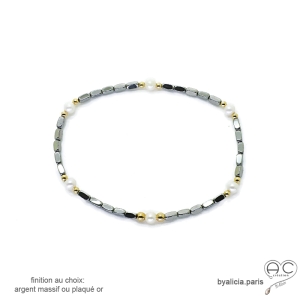 bracelet fin gris en pierre naturelle hématite et perles de culture sur élastique fait sur mesure à la main