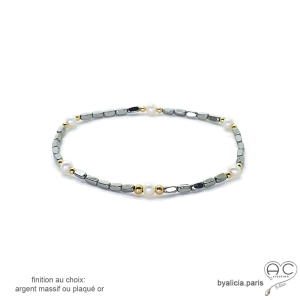 Bracelet en hématites argent et perles d'eau douce blanches, pierre naturelle, création by Alicia