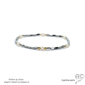 Bracelet en hématites argent et perles d'eau douce blanches, pierre naturelle grise
