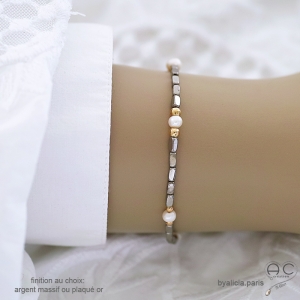 Bracelet gris femme en hématites argent et perles d'eau douce blanches, fait main