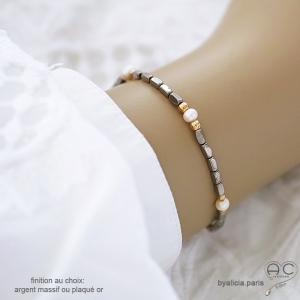 bracelet hématite grise et perles blanches réalisé à la main en France