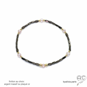Bracelet en hématites bronze et perles d'eau douce roses, pierre naturelle, création by Alicia