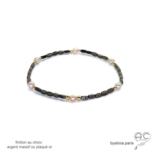 Bracelet fin femme en hématites bronze et perles d'eau douce roses sur élastique réalisé à la main