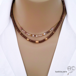 collier ras de cou choker créateur pour femme en pierre naturelle marron fait sur mesure à la main