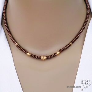 collier ras de cou femme en hématite bronze et plaqué or réalisé à la main en France