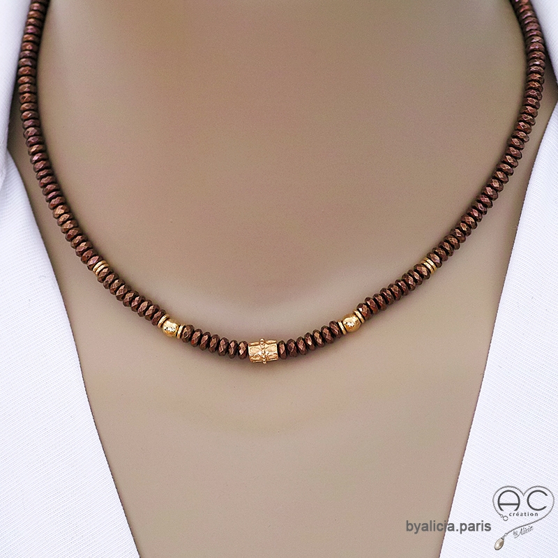 collier ras de cou femme en hématite bronze et plaqué or réalisé à la main en France collier ras de cou femme en hématite bronze et plaqué or réalisé à la main en France