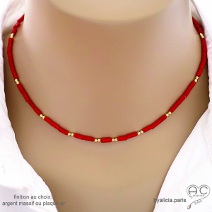 Collier en racine de corail rouge et plaqué or ou argent massif, ras de cou, fin, choker, création by Alicia