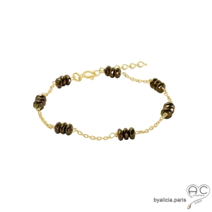 bracelet chaîne fine plaqué or avec pierre semi-précieuse hématite fait sur mesure à la main en France