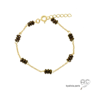 Bracelet hématite bronze facetté parsemée sur une chaîne fine plaqué or, création by Alicia