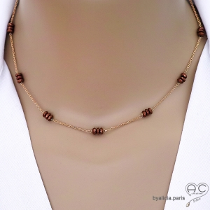 collier ras de cou femme chaîne fine plaqué or avec pierre hématite bronze fait à la main en France