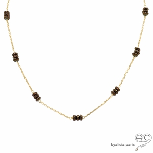 Collier, sautoir, hématite bronze parsemée sur une chaîne fine plaqué or, pierre semi-précieuse, création by Alicia