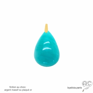Pendentif amazonite goutte, plaqué or ou argent, pierre semi-précieuse