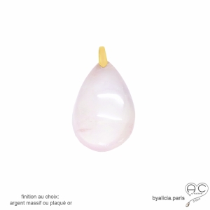 Pendentif quartz rose goutte, plaqué or ou argent, pierre semi-précieuse