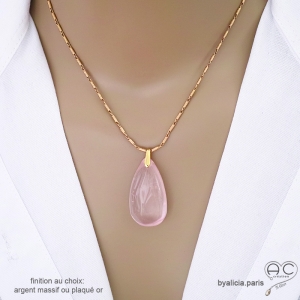 grand pendentif goutte rose en pierre naturelle quartz rose et plaqué or