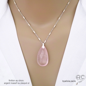 grand pendentif goutte rose en pierre naturelle quartz rose et argent