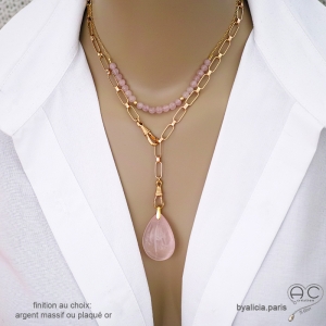 bijoux créateur collier ras de cou pendentif en plaqué or et quartz rose fait main