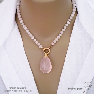 bijoux créateur collier ras de cou pendentif en pierre semi-précieuse quartz rose réalisé sur mesure à la main en France