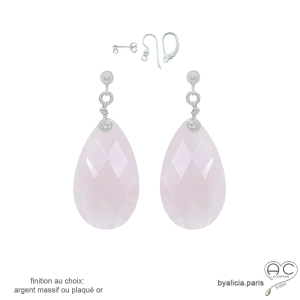 grandes boucles d'oreilles gouttes roses pendantes en pierre naturelle quartz rose et argent fait main sur mesure
