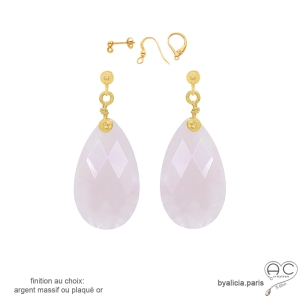 grandes boucles d'oreilles gouttes roses pendantes en pierre naturelle quartz rose et plaqué or fait main sur mesure