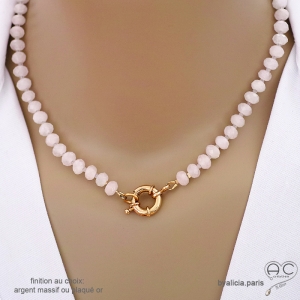 Collier en quartz rose avec grand fermoir en plaqué or ou en argent, ras de cou rose clair femme, création by Alicia