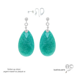 grandes boucles d'oreilles gouttes vert-bleu pendantes en pierre naturelle amazonite et argent fait main sur mesure
