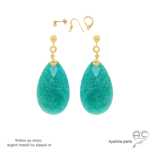 grandes boucles d'oreilles gouttes vert-bleu pendantes en pierre naturelle amazonite et plaqué or fait main sur mesure