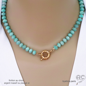 Collier en amazonite avec grand fermoir en plaqué or ou en argent, ras de cou vert d'eau femme, création by Alicia