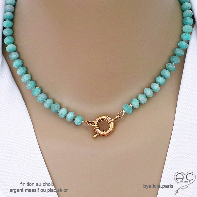 Collier en amazonite avec grand fermoir en plaqué or ou en argent, ras de cou vert d'eau femme, création by Alicia Collier en amazonite avec grand fermoir en plaqué or ou en argent, ras de cou vert d'eau femme, création by Alicia
