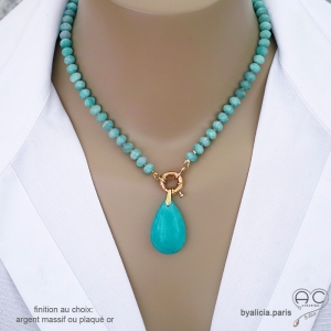 collier vert clair en pierre semi-précieuse amazonite avec grand fermoir bouée plaqué or ou argent fait sur mesure