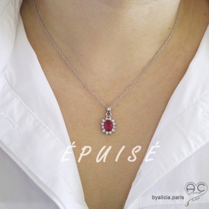 Pendentif zirconium fushia et brillant blanc, argent massif rhodié, femme