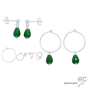 Boucles d'oreilles agate verte et argent massif, crèoles, pierre naturelle, fait main, création by Alicia