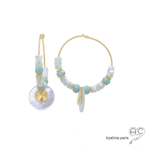 Créoles nacre et amazonite,  pampille nacre et médaille en plaqué or, fait mai, création by Alicia
